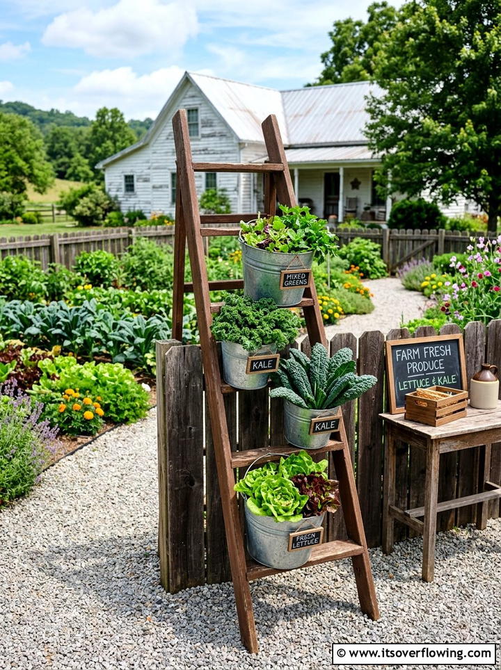 Farmhouse Garden Stand - 25 upcycled garden ideas with old ladders