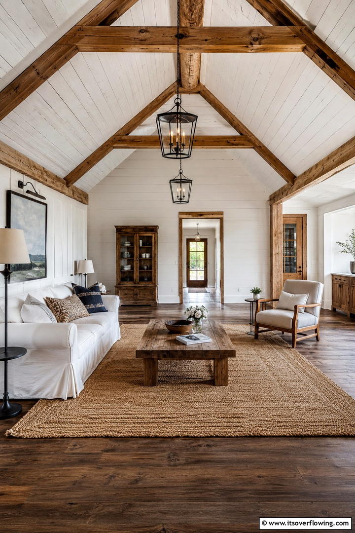 Farmhouse Inspired Elegance - 30 Vaulted Ceiling Ideas with Beams for Dramatic Room Designs