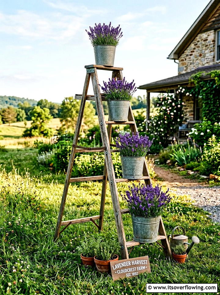 Farmhouse Ladder Display - 25 garden decor ideas with ladder plant stands