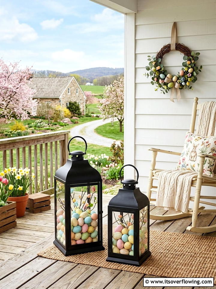 Farmhouse Lantern With Easter Eggs - 25 front porch decor ideas for easter