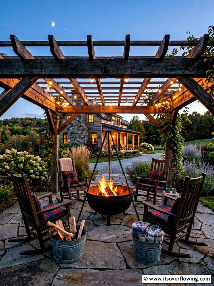 Farmhouse Pergola Fire Pit - 25 backyard ideas with pergola and fire pit