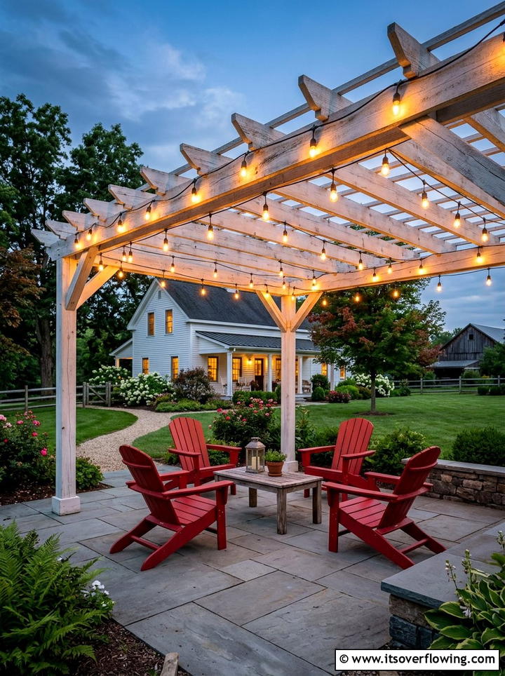 Farmhouse Pergola Perimeter Lights - 25 backyard decorating ideas with pergola string lights