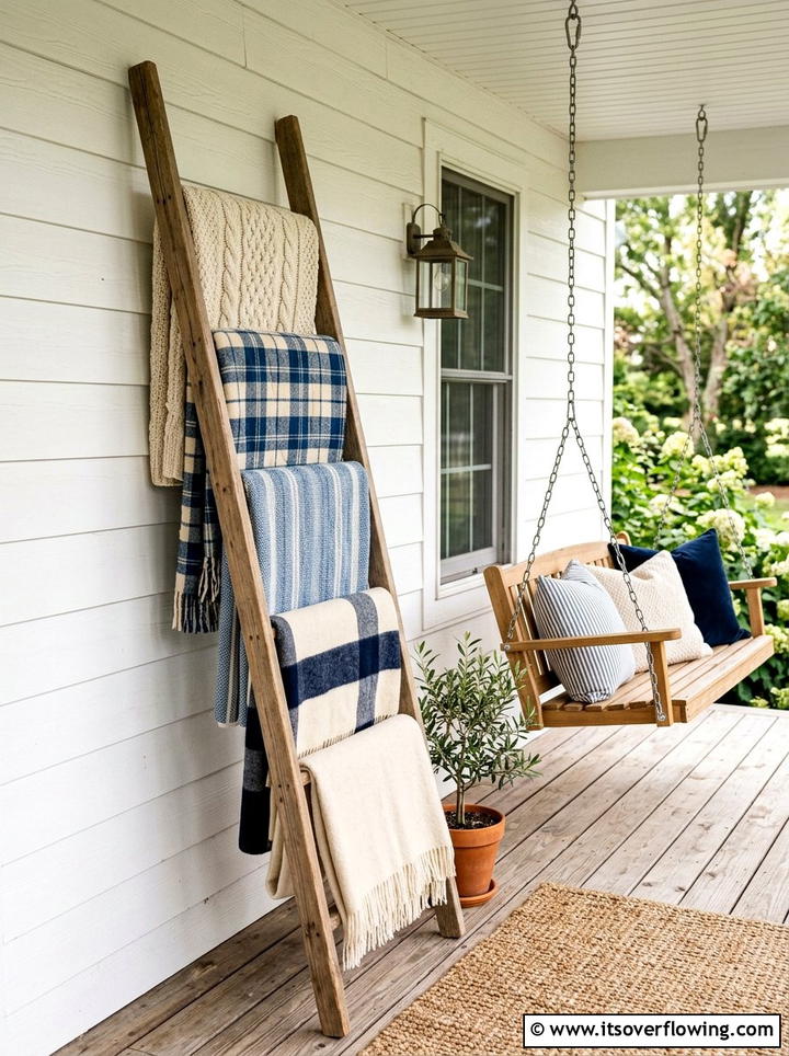 Farmhouse Porch Blanket Ladder - 25 front porch ideas with repurposed ladders