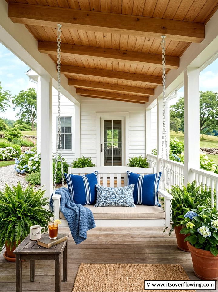 Farmhouse Porch Swing - 25 backyard decorating ideas with farmhouse accents