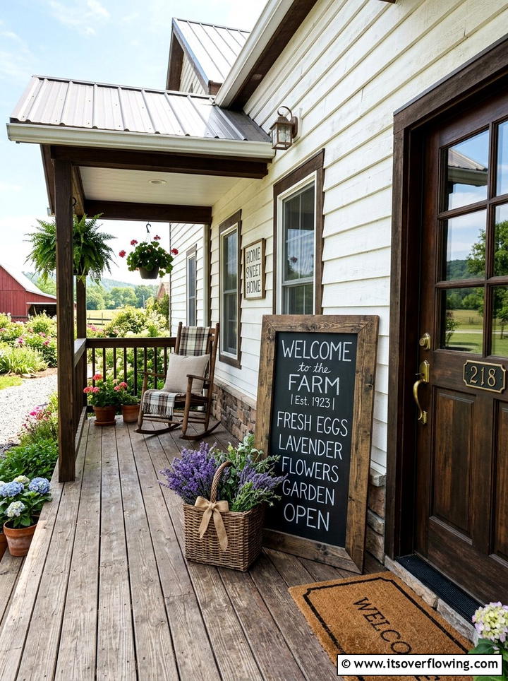 Farmhouse Porch With Chalkboard Sign - 25 front porch decor ideas with asymmetrical layout