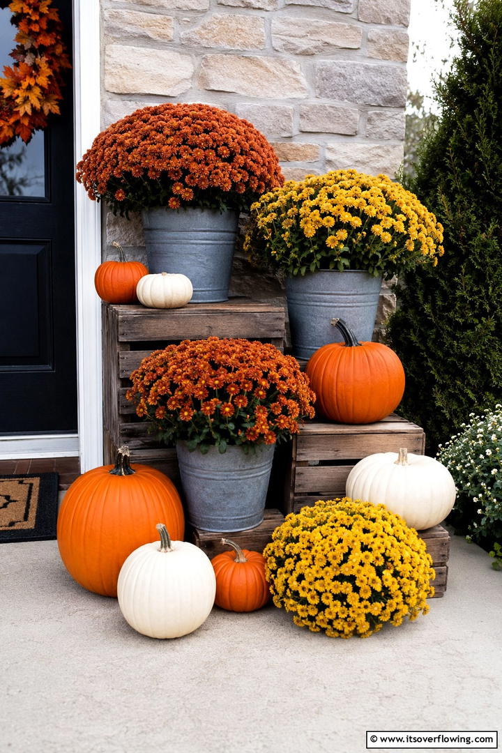 Farmhouse Pumpkin and Mum Porch Arrangement - 50 Fall Pumpkin Decor Ideas for Cozy Autumn Homes Today