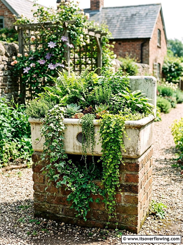 Farmhouse Sink Planter - 25 upcycled garden ideas for porches