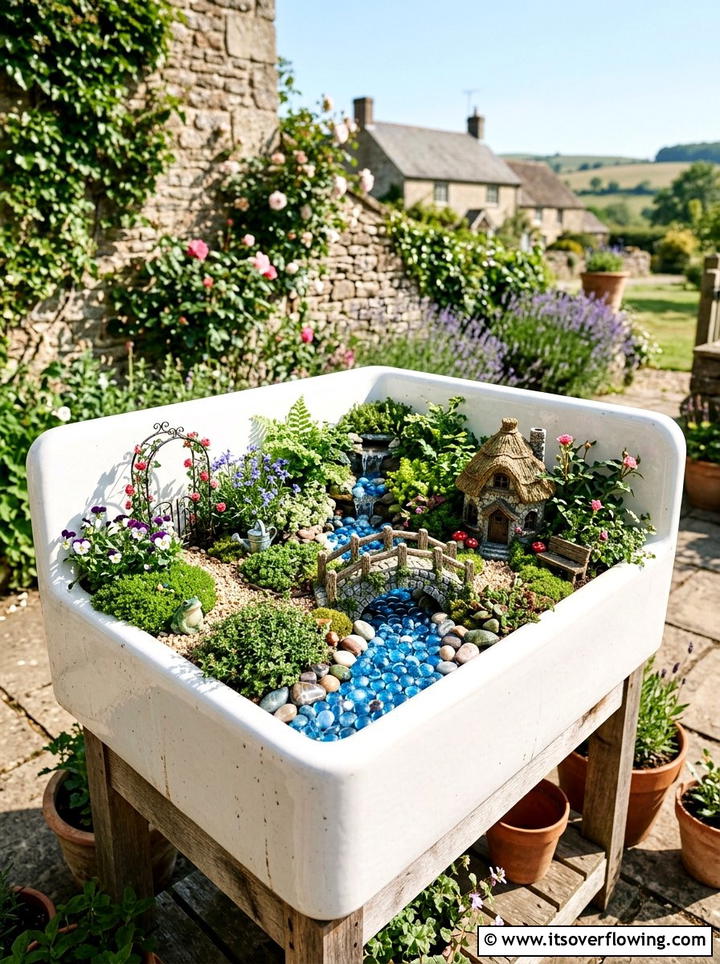 Farmhouse Sink - 25 upcycled garden ideas with fairy gardens