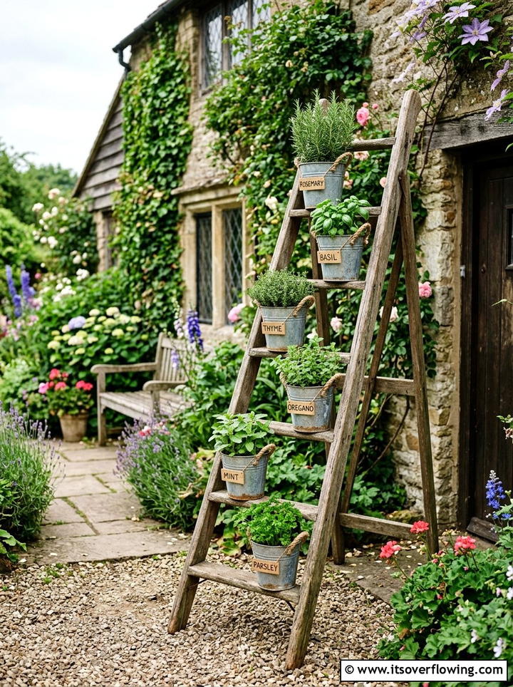 Farmhouse Style Herb Ladder - 25 garden decor ideas with herb displays