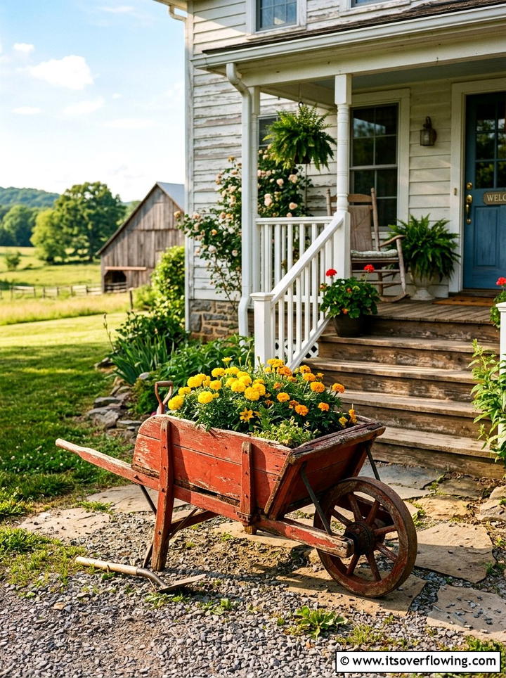 Farmhouse Wheelbarrow Near Porch - 25 garden decor ideas with wheelbarrows