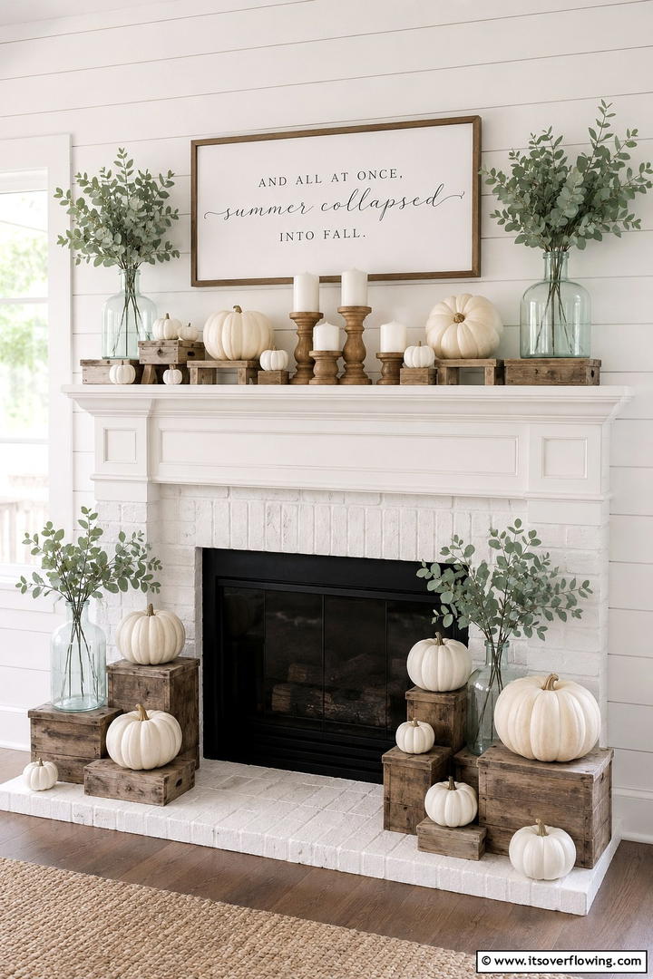 Farmhouse White Pumpkin Theme - 50 Fall Fireplace Decor Ideas to Warm Autumn Gatherings