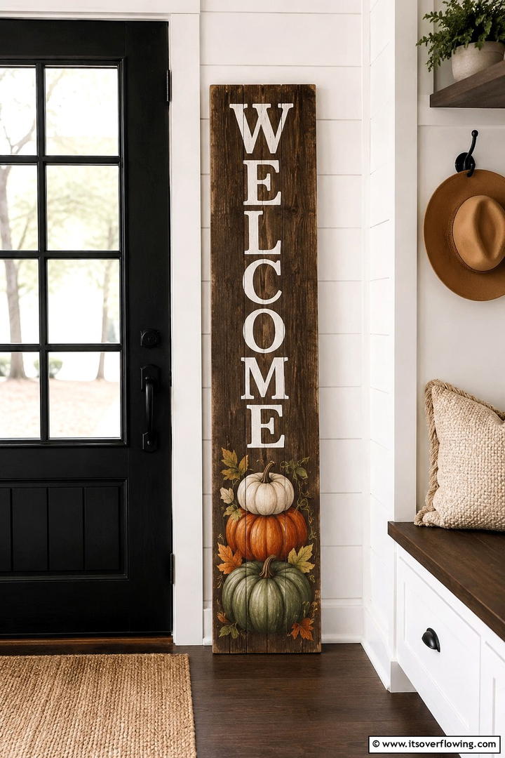 Farmhouse Wooden Welcome Sign with Pumpkins - 50 Wooden Fall Decor Ideas Roundup- Cozy Accents Galore
