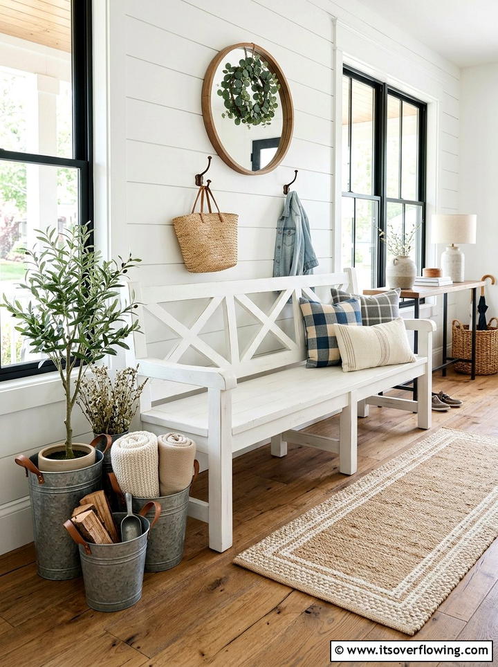 Farmhouse X Back Bench - 25 front porch ideas with bench seating