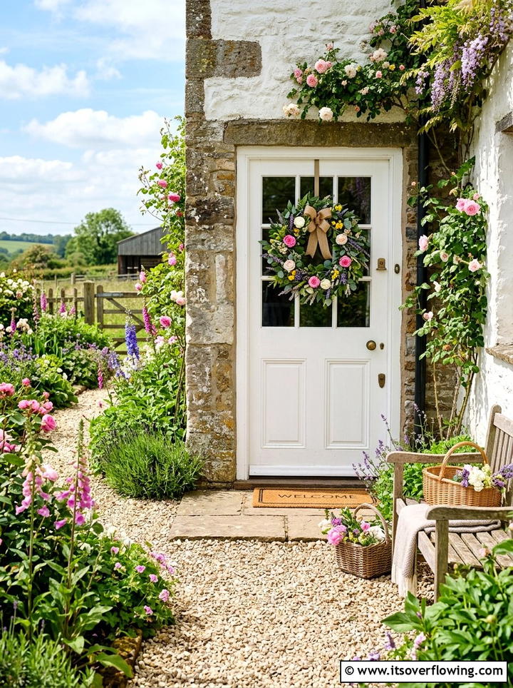 Farmhouse door with wreath - 25 garden decor ideas with old doors