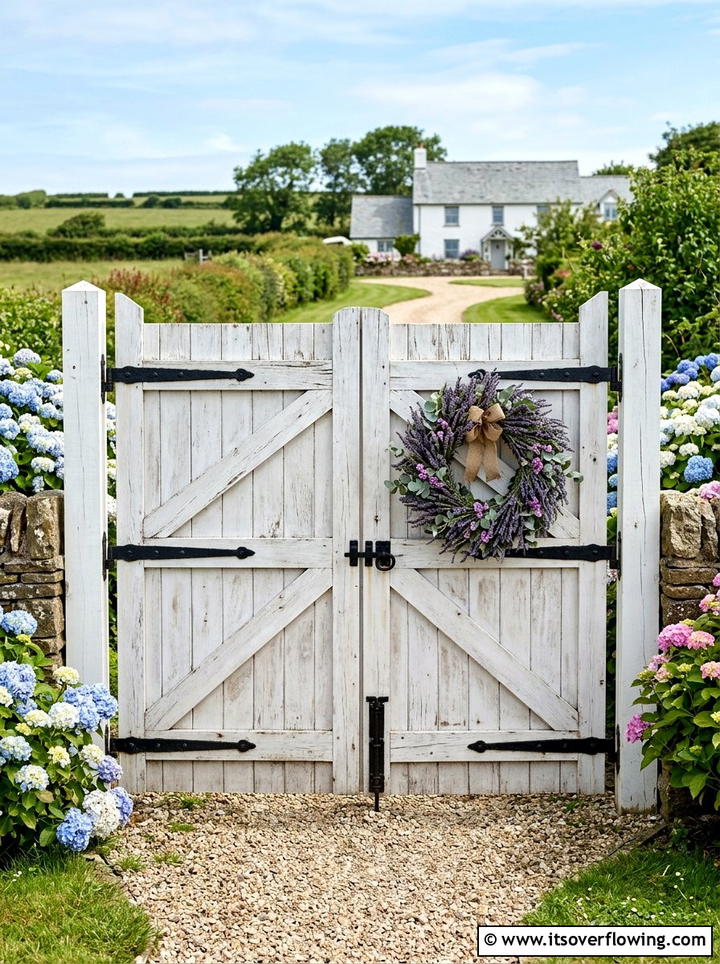 Farmhouse double gate with floral wreath - 25 garden decor ideas with gate decorations