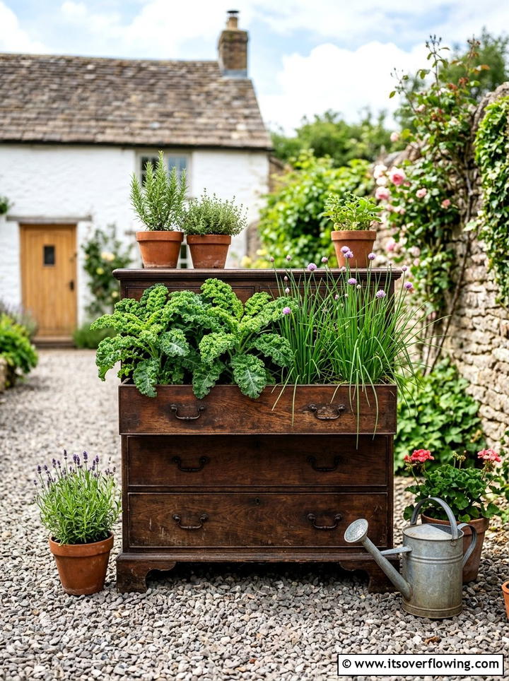 Farmhouse dresser planter - 25 upcycled garden ideas with old dressers