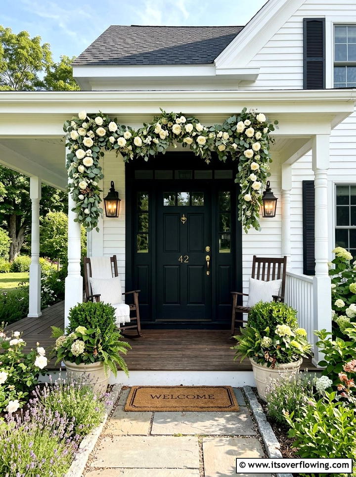 Farmhouse front door flower garland - 25 front porch ideas with floral garland