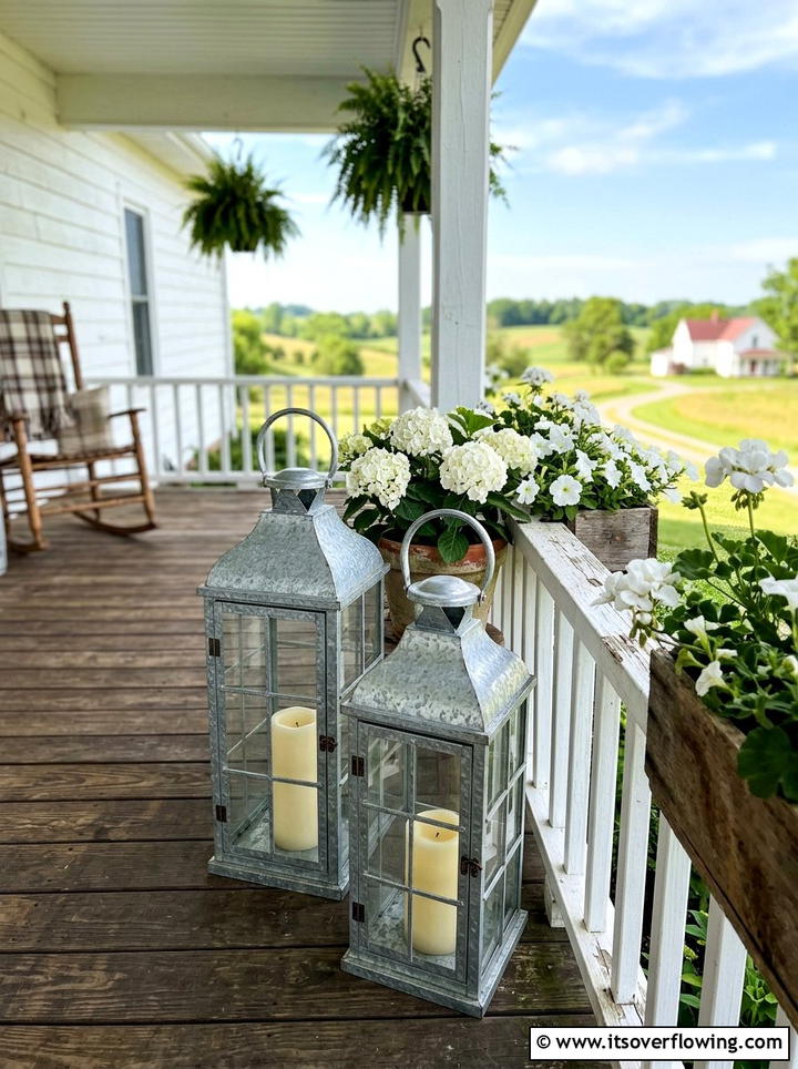 Farmhouse galvanized metal lanterns - 25 front porch decor ideas with candle holders