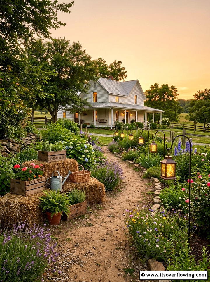 Farmhouse garden with shepherd hook lanterns - 25 creative garden ideas with fairy light pathways