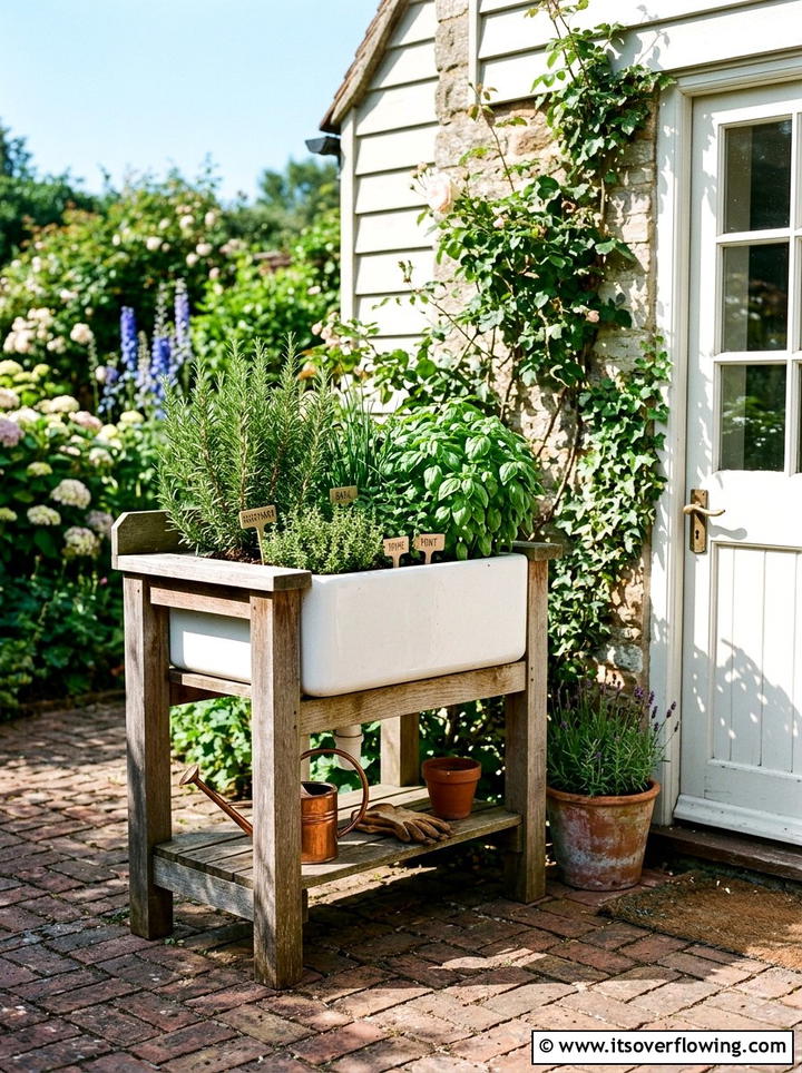 Farmhouse kitchen sink herb garden - 25 upcycled garden ideas with old sinks