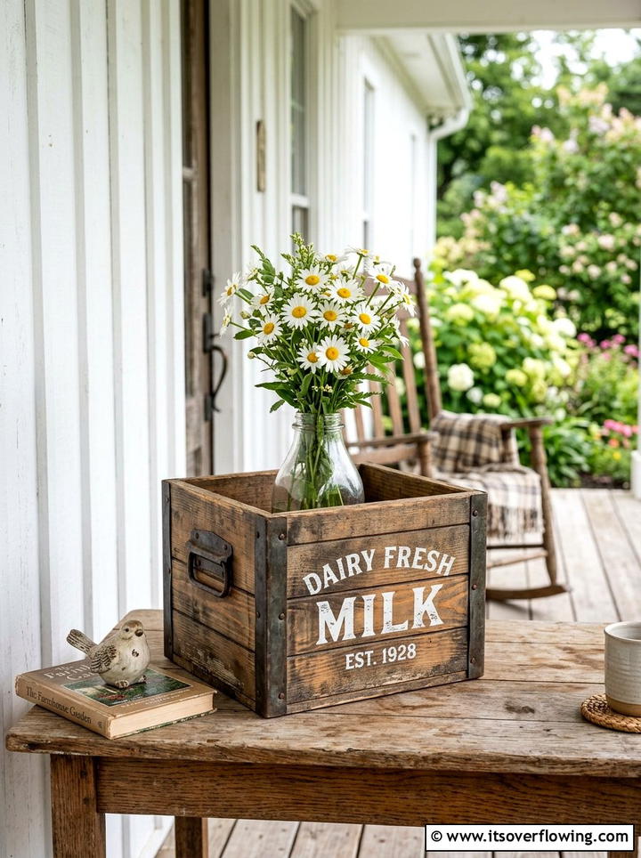 Farmhouse milk crate - 25 front porch decor ideas with vintage crates