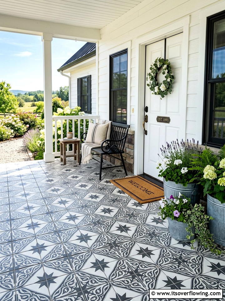 Farmhouse pattern tile porch - 25 front porch ideas with tile floor