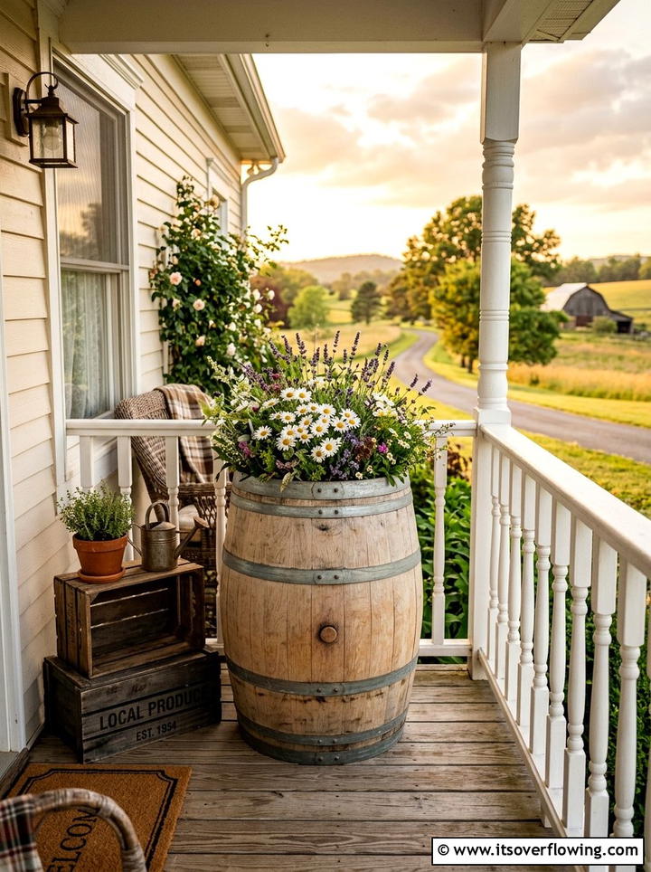 Farmhouse porch barrel arrangement - 25 front porch ideas with barrel planters