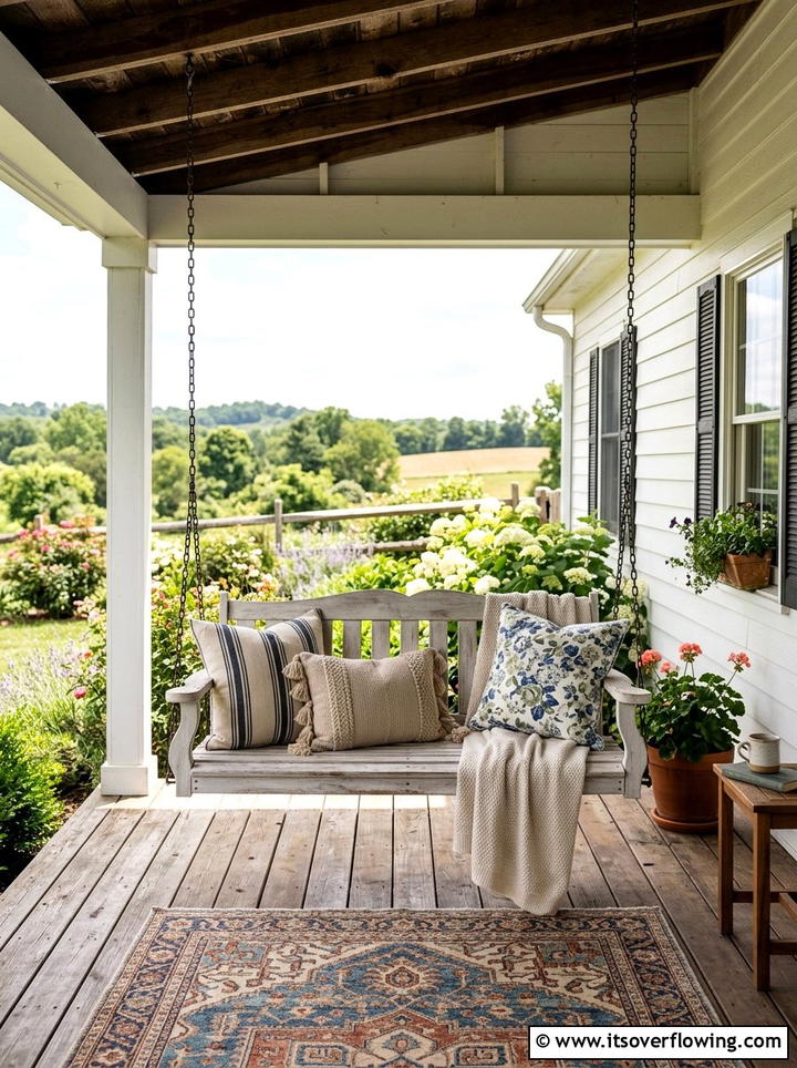 Farmhouse porch swing - 25 backyard decorating ideas with rustic accents