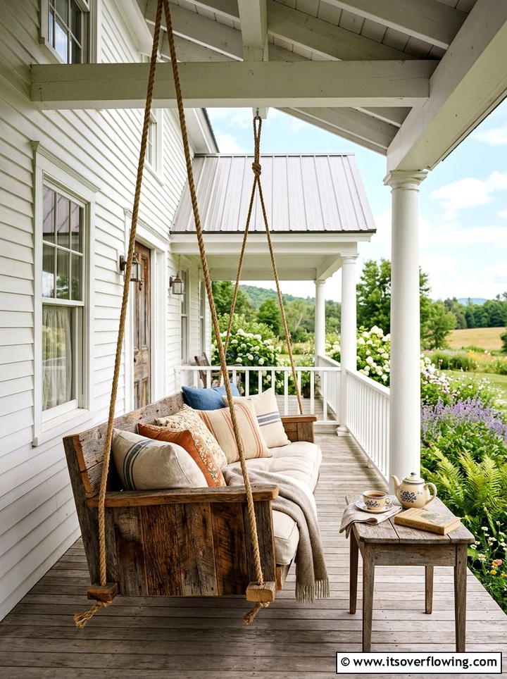 Farmhouse porch swing - 25 upcycled garden ideas with farmhouse style