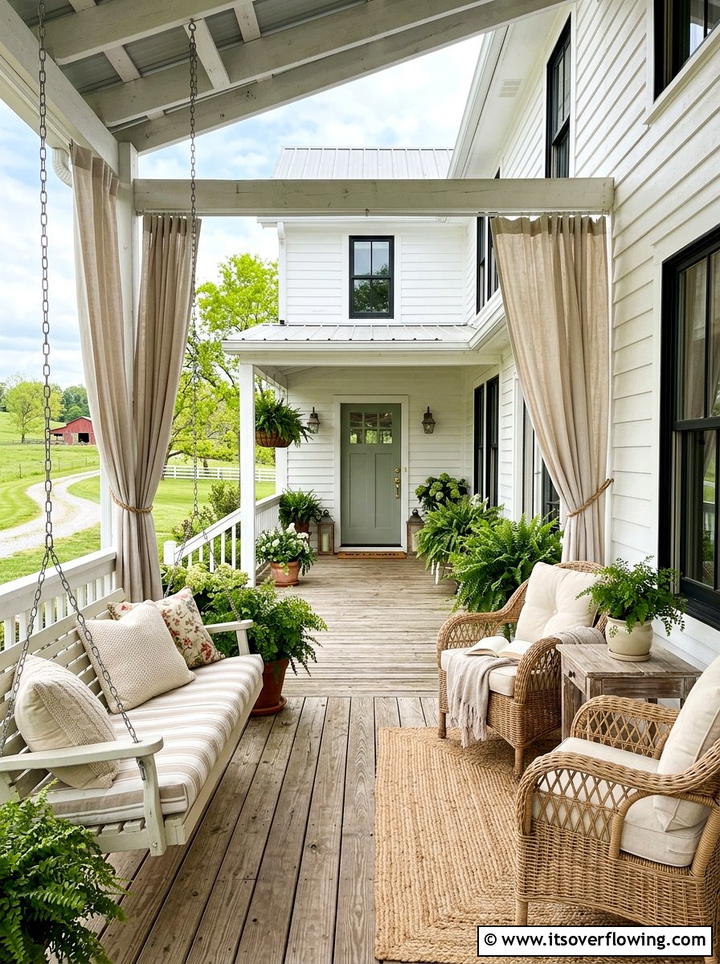 Farmhouse porch with linen curtains - 25 backyard decorating ideas with outdoor curtains