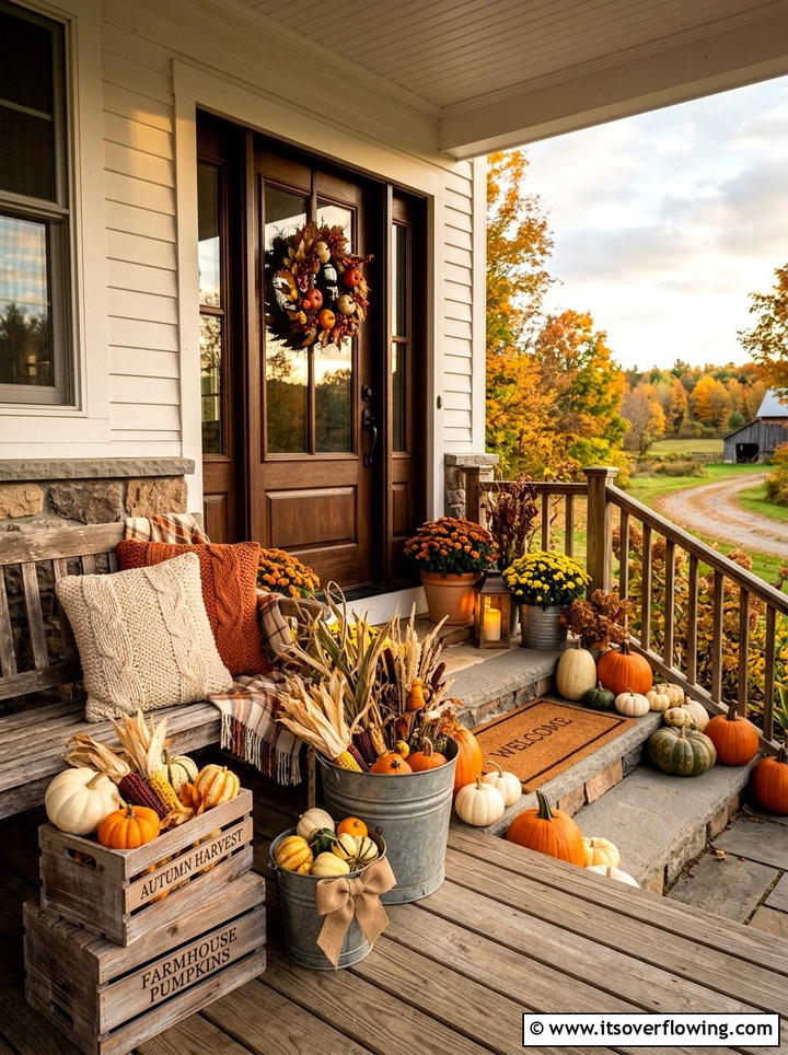 Farmhouse pumpkin entryway - 25 front porch decor ideas with fake pumpkins