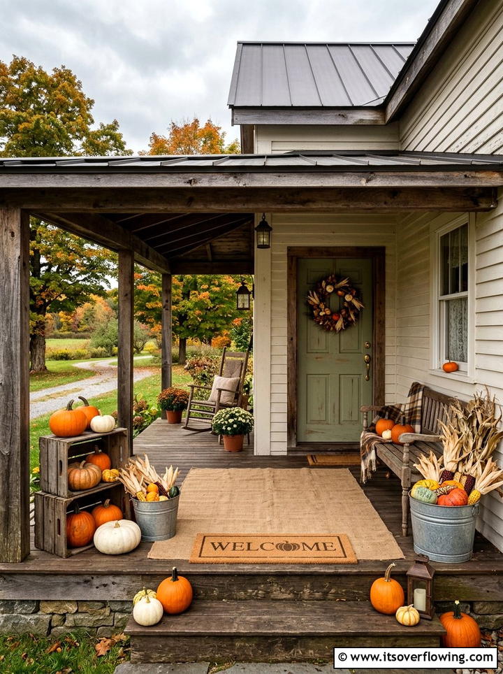 Farmhouse pumpkin porch - 25 front porch ideas with pumpkins