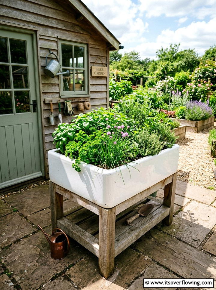 Farmhouse sink planter - 25 cheap garden ideas with thrifted decor