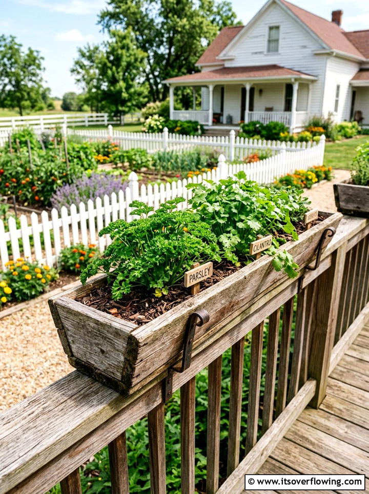 Farmhouse style herb trough - 25 front porch ideas with herb planters