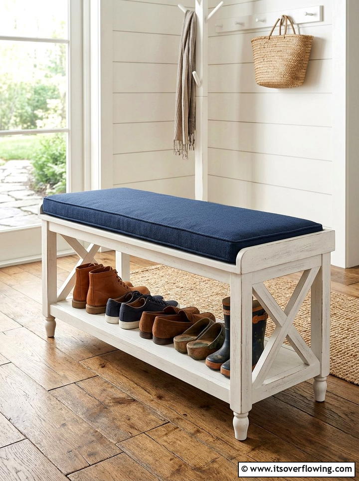Farmhouse style shoe storage bench - 25 front porch ideas with shoe storage