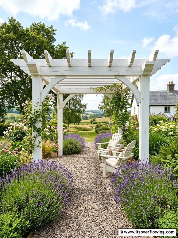 Farmhouse style white pergola - 25 garden ideas with pergola