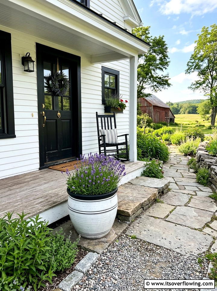 Farmhouse white and black pot - 25 front porch ideas with painted pots