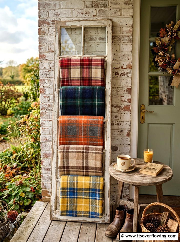Farmhouse window blanket ladder - 25 front porch ideas with repurposed windows
