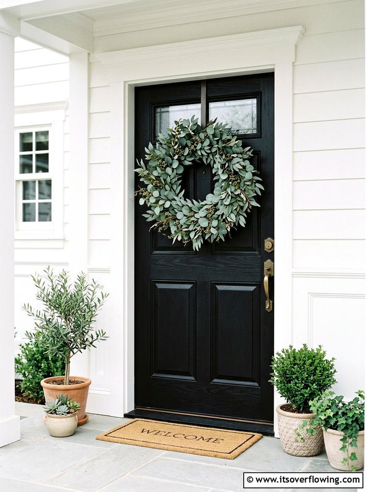Faux eucalyptus wreath door - 25 front porch ideas with faux plants