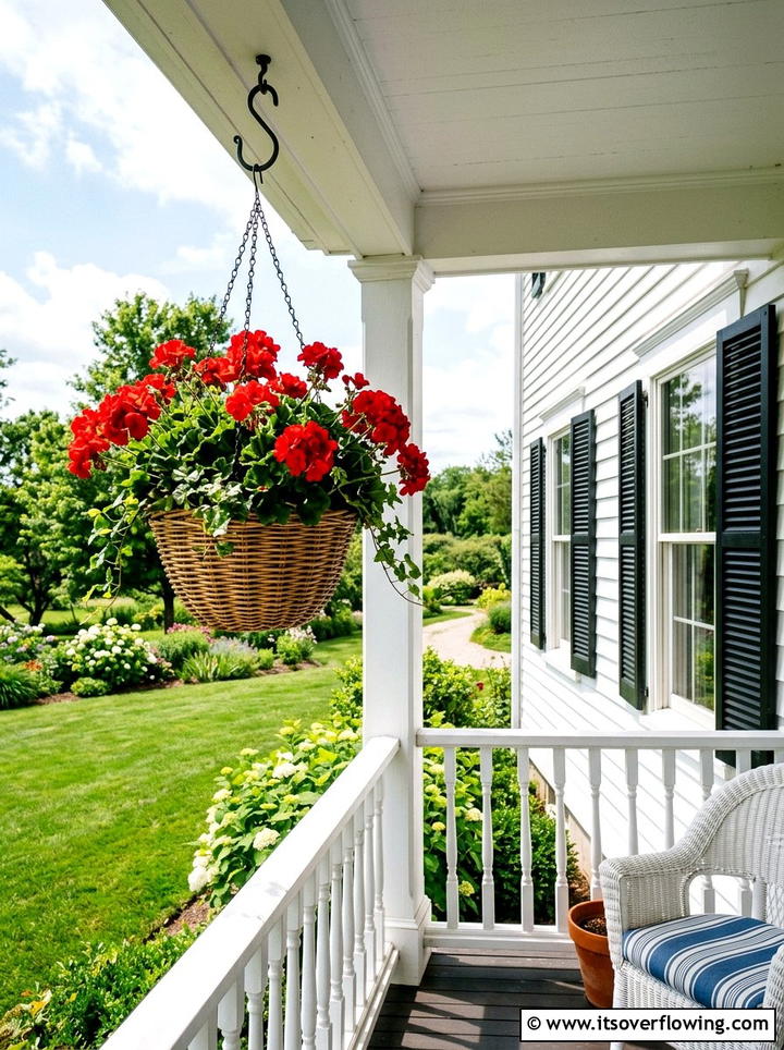 Faux geranium hanging baskets - 25 front porch ideas with faux plants