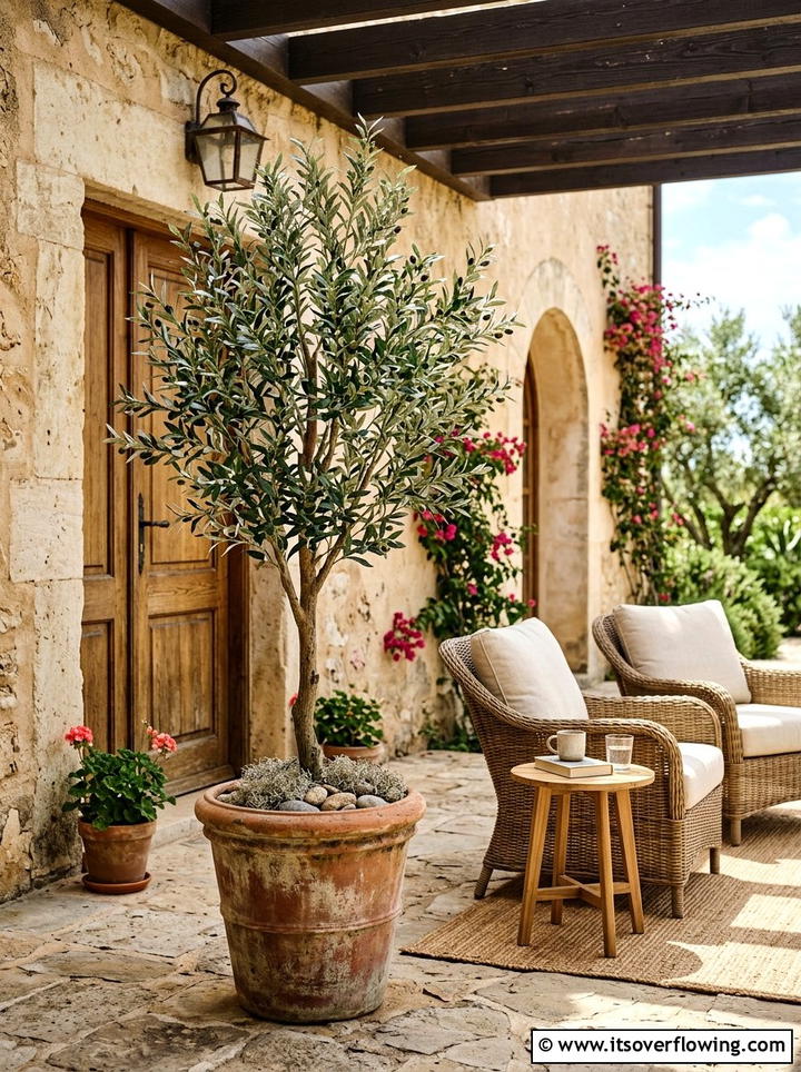Faux olive tree porch - 25 front porch ideas with faux plants