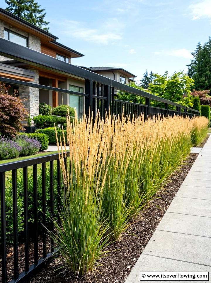 Feather reed grass along fence - 25 garden ideas with ornamental grasses