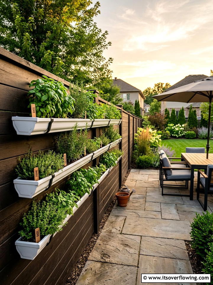 Fence Mounted Herb Planter - 25 upcycled garden ideas with rain gutters