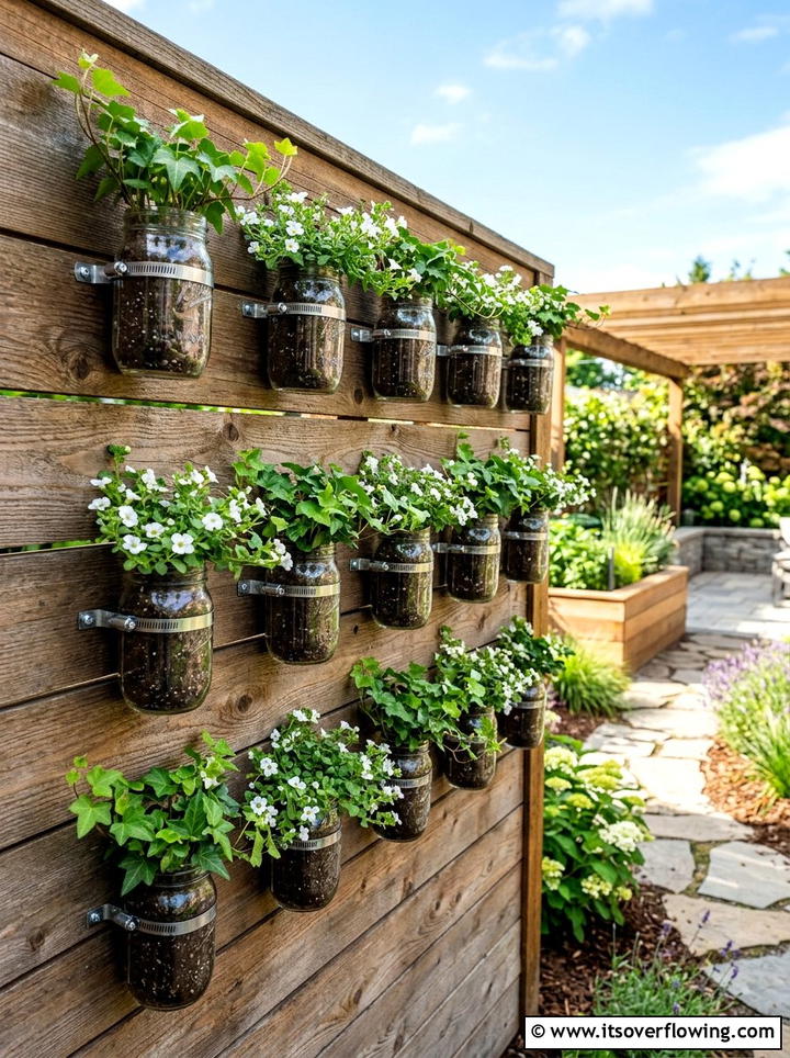 Fence Mounted Mason Jar Planter - 25 garden decor ideas with mason jars