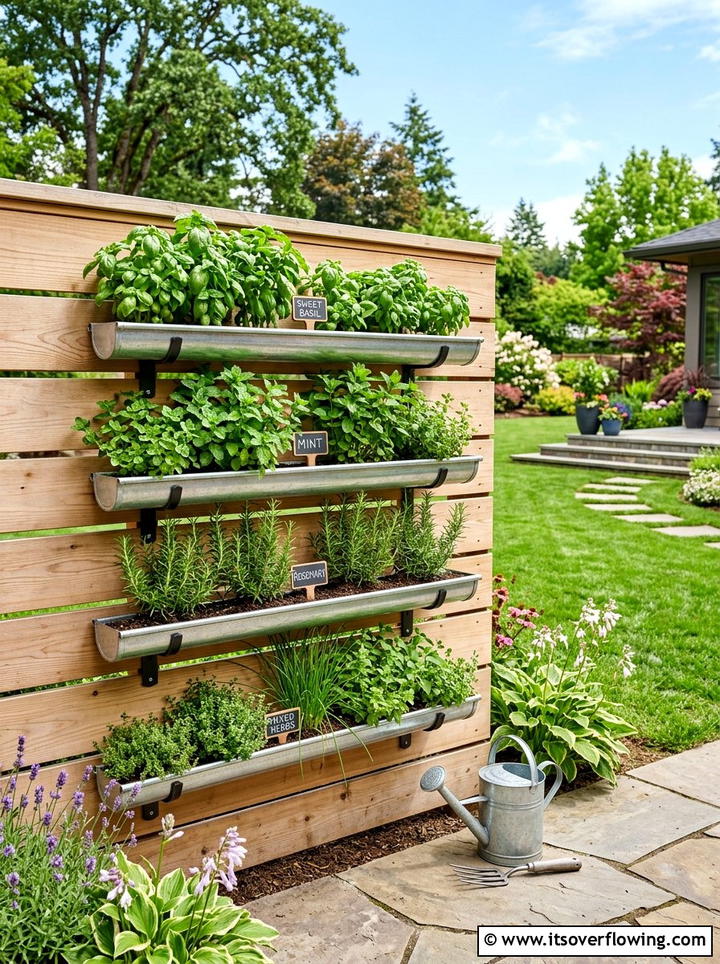 Fence mounted herb garden - 25 garden ideas with rain gutters
