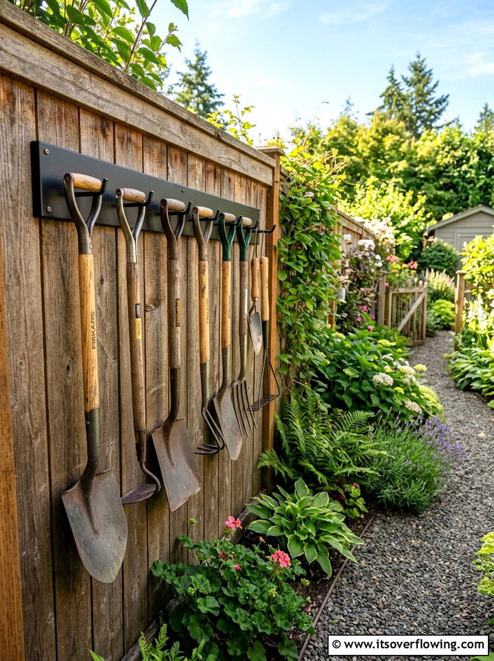 Fence tool storage rack - 25 upcycled garden ideas with tool storage