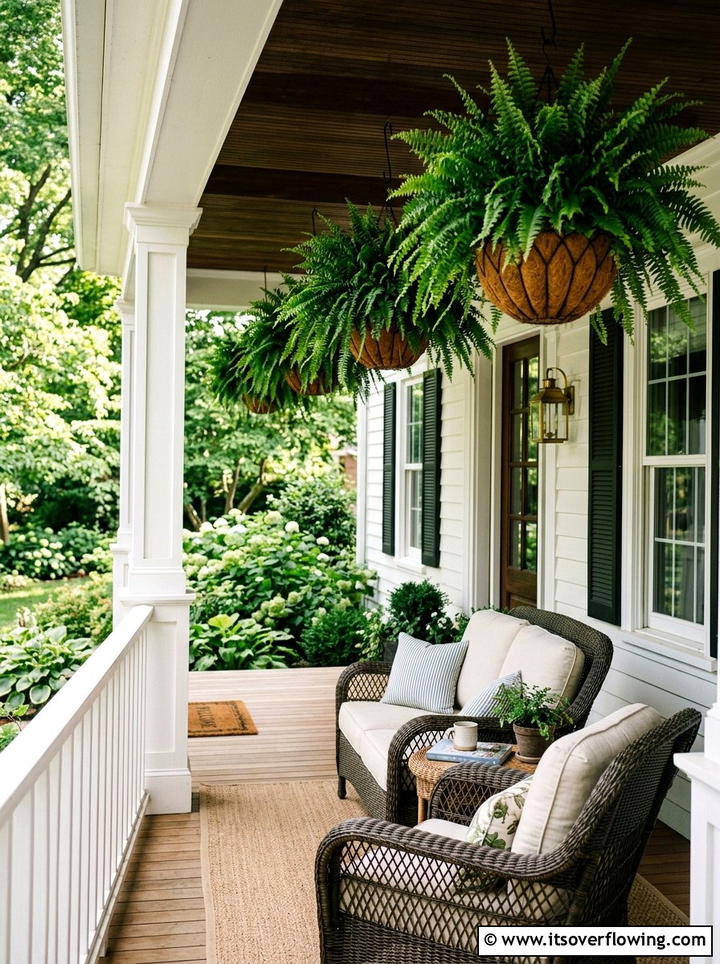 Fern Porch Display - 25 garden ideas with hanging baskets
