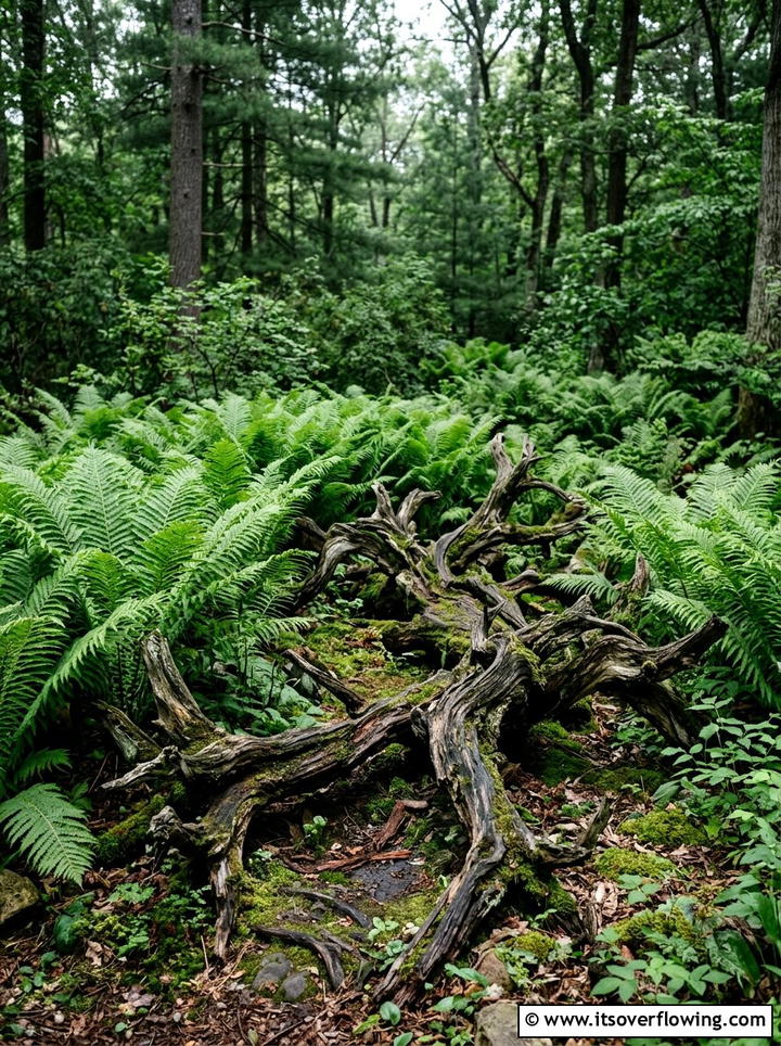 Fern garden with gnarled wood - 25 garden ideas with driftwood sculptures