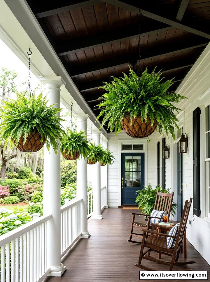 Fern hanging baskets covered porch - 25 cheap garden ideas with hanging baskets