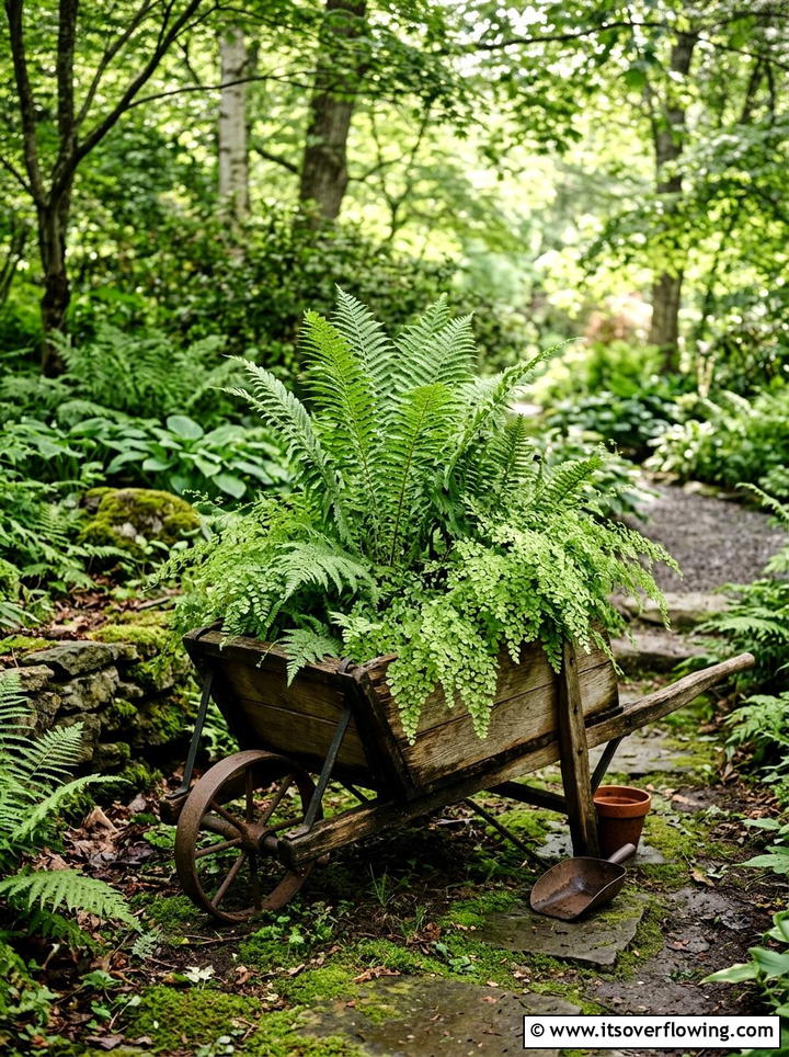 Fern wheelbarrow planter - 25 upcycled garden ideas with old wheelbarrows